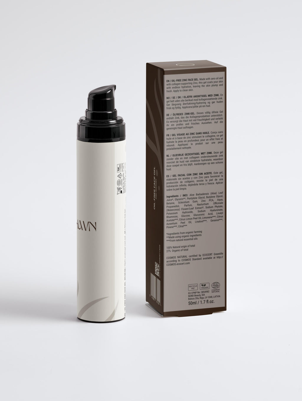 TheNordhavn Oil-Free Face Gel ingrediënten achterkant zink hyaluronzuur